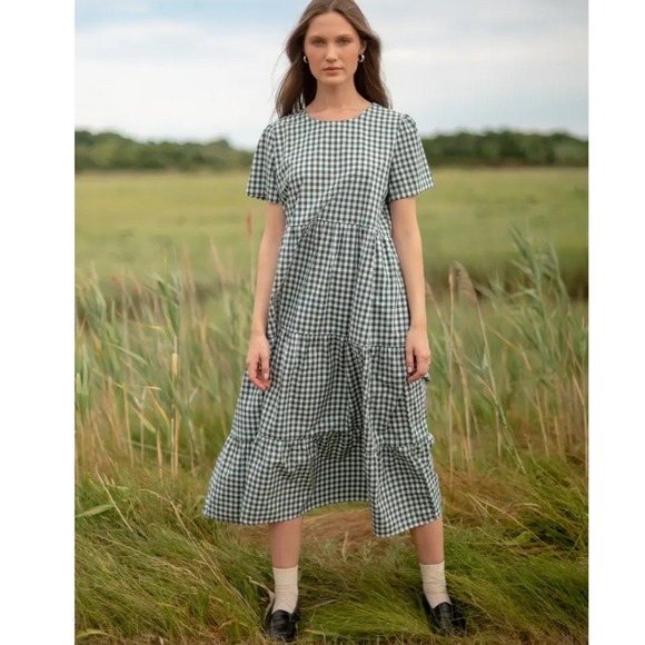 Tradlands Dresses & Skirts - Tradlands Gingham Tiered Lagenlook Midi Dress Size S Green Minimalist Oversized